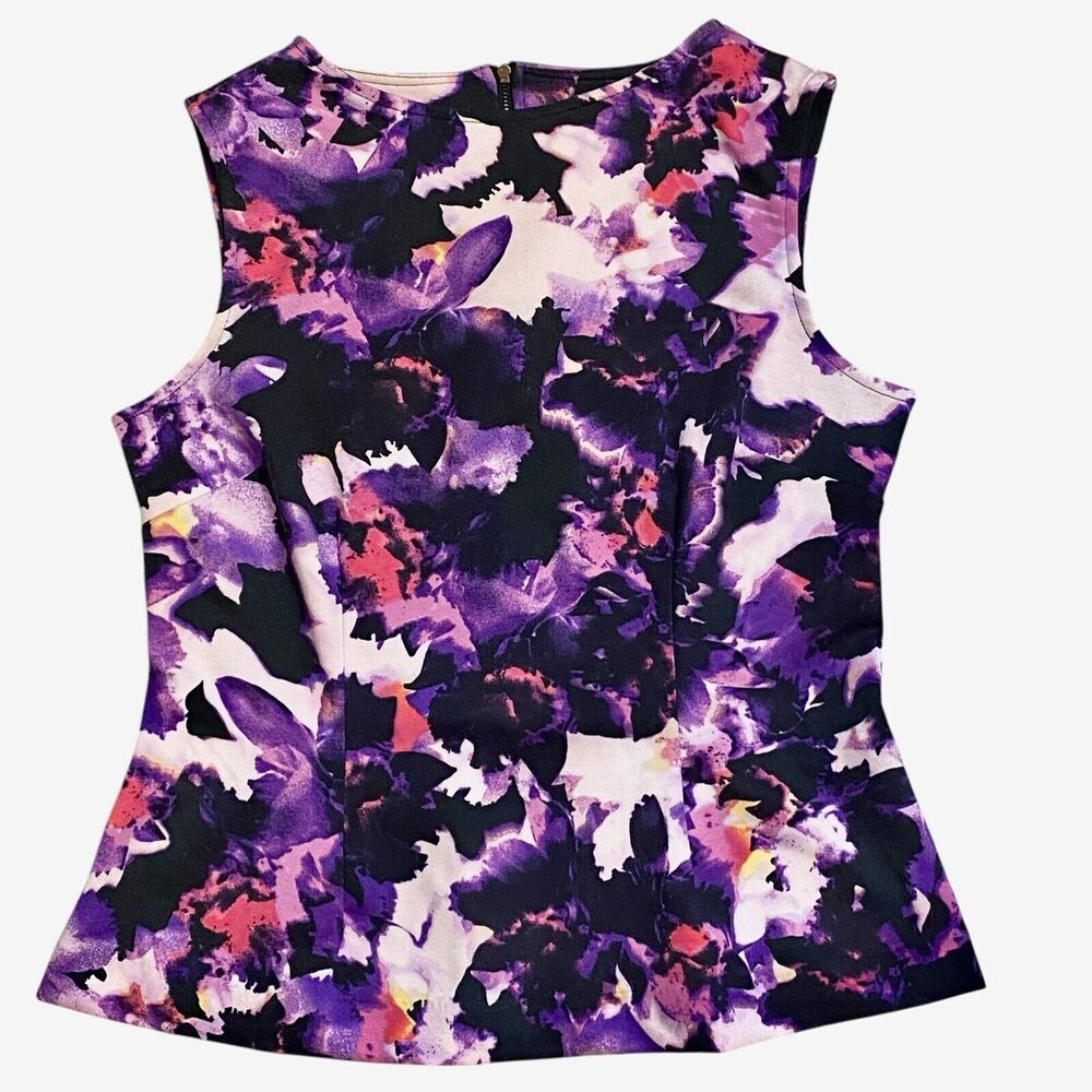 Hal Rubenstein Orchid Print Sleeveless Peplum Top Back Zipper Women’s Size M